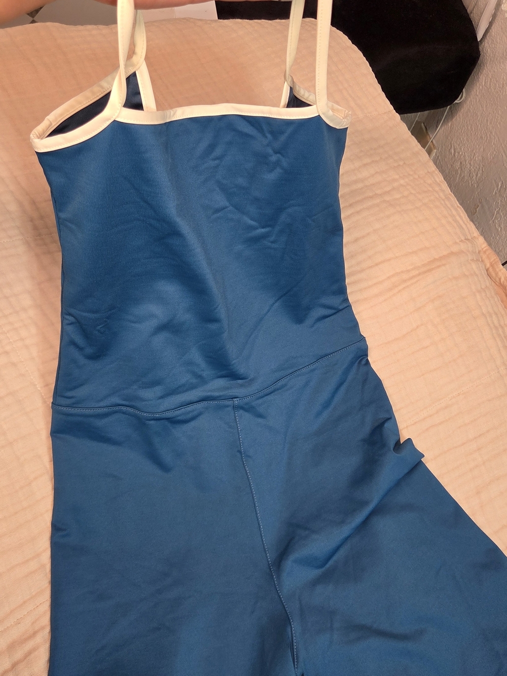 OndadeMar Teal Blue Contrast Trim Open Keyhole Back Active Unitard Romper Size S